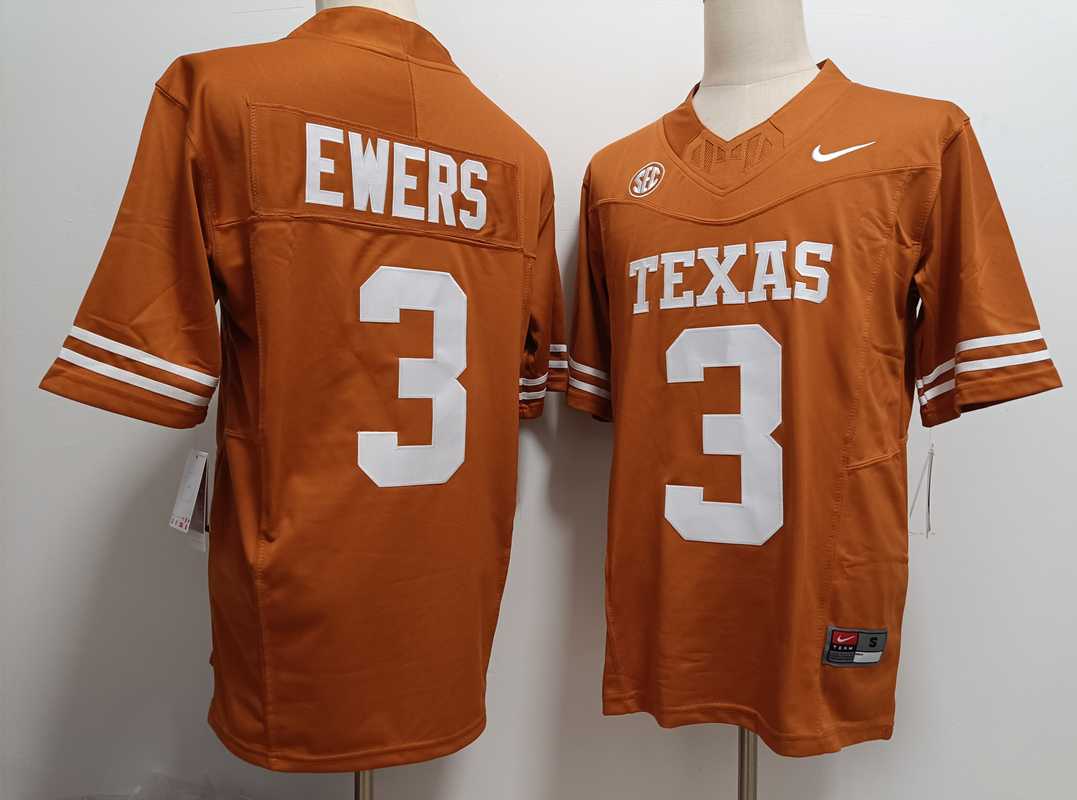 Mens Texas Longhorns #3 Quinn Ewers Orange FUSE College Stitched Jersey